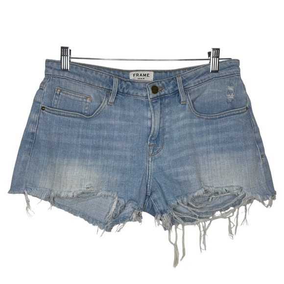 Frame Denim Pants - Frame Le Grand Garcon Shorts Womens 26 Distressed Denim Cutoff Raw Hem